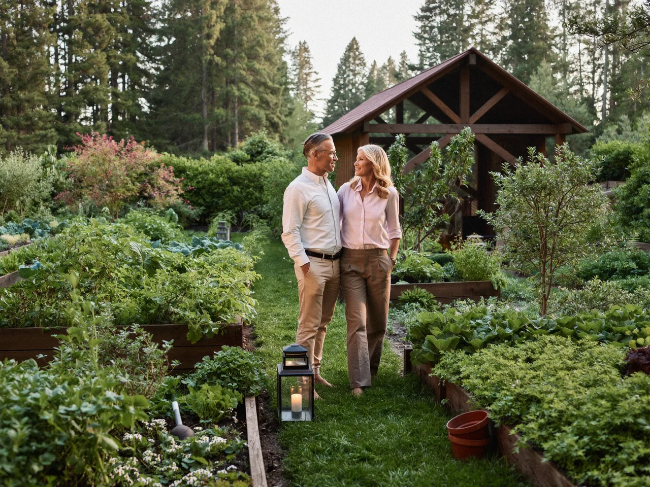 Gepflegter Kleingarten im Morgenlicht mit Hochbeeten, Gartenhaus und einem älteren Paar