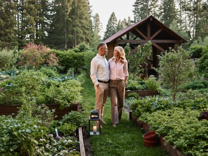 Gepflegter Kleingarten im Morgenlicht mit Hochbeeten, Gartenhaus und einem älteren Paar