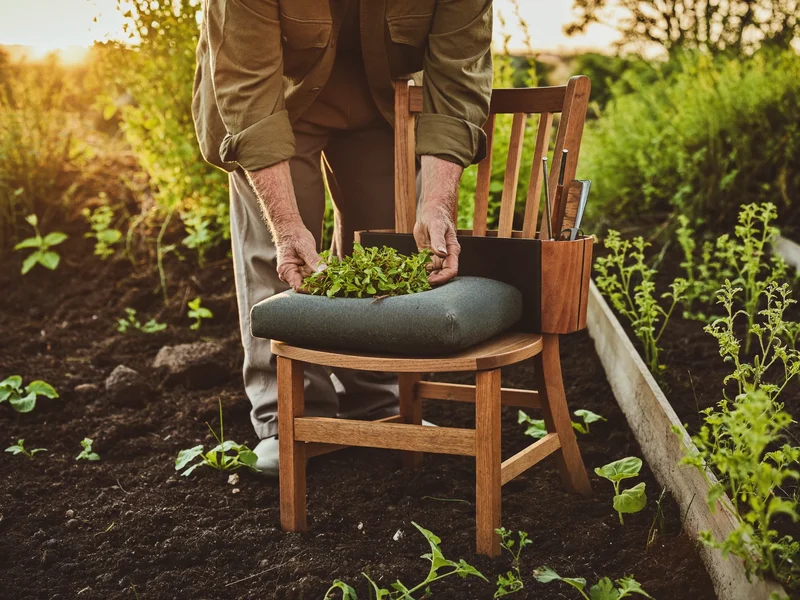 Gartenstuhl mit Kniekissen und Werkzeugablage am Gemüsebeet mit jungen Pflanzen
