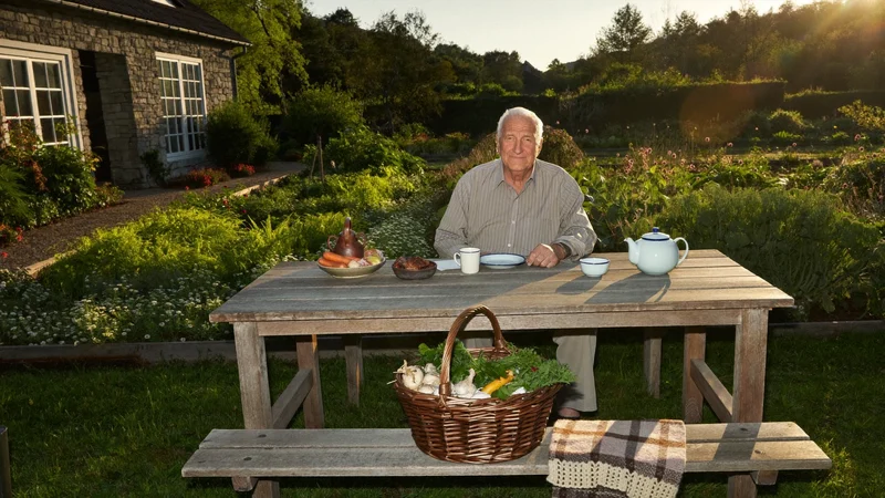 Abendstimmung am Gartenhaus mit Tee, Erntekorb und Strickplaid auf der Bank
